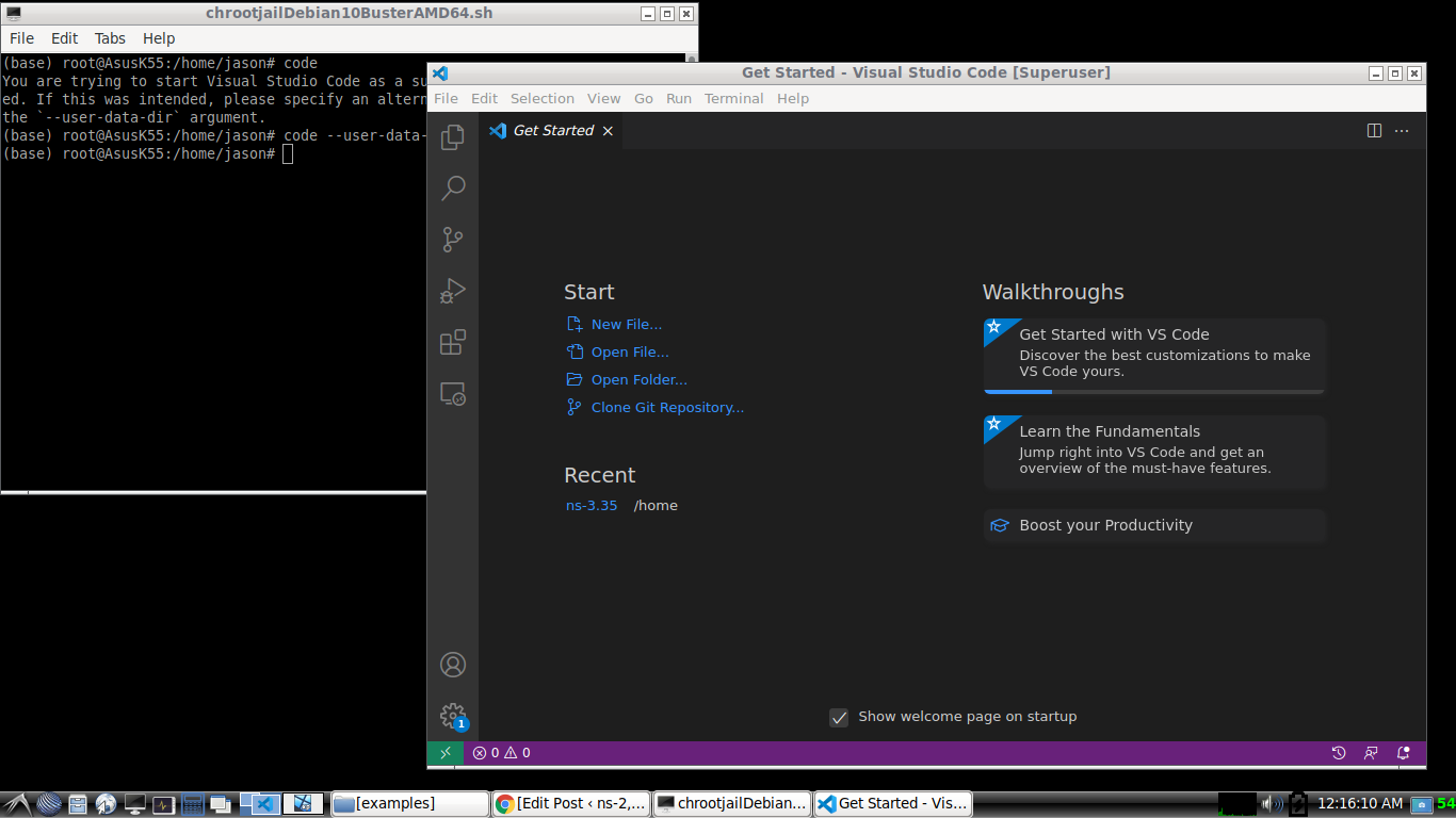 Installing VS Code under chroot and configuring it for ns-3