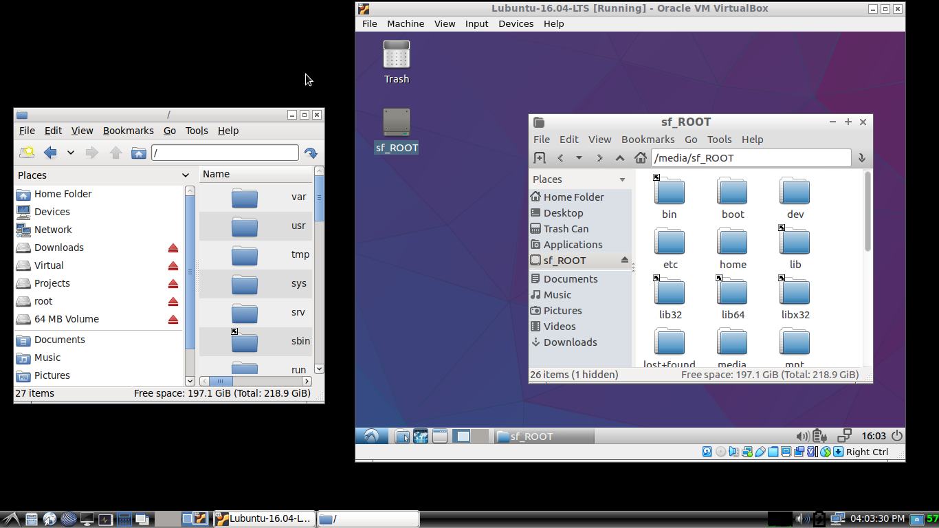 Installing an old Linux under VirtualBox and using Shared Folders.