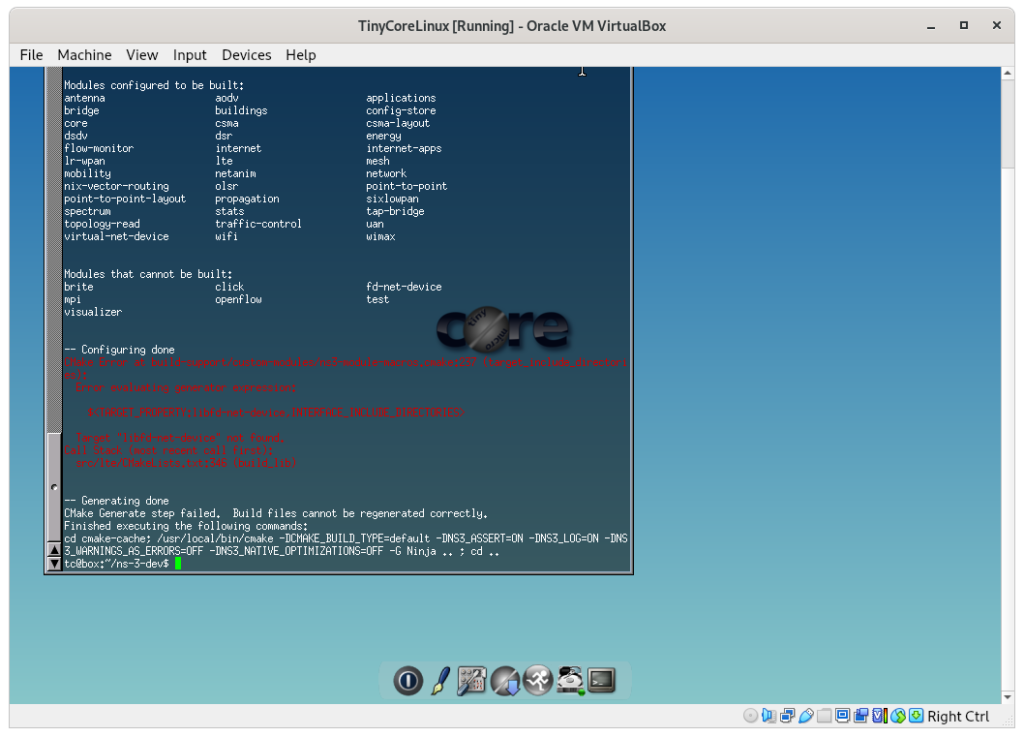 Bare Minimal TinyCore Linux for installing Latest ns-3-dev.