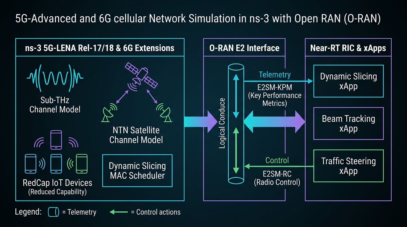 5G-Advanced and 6G Cellular Simulation in ns-3 with 5G-LENA, NTN Satellites, Sub-THz, and Open RAN E2 Interface to Near-RT RIC