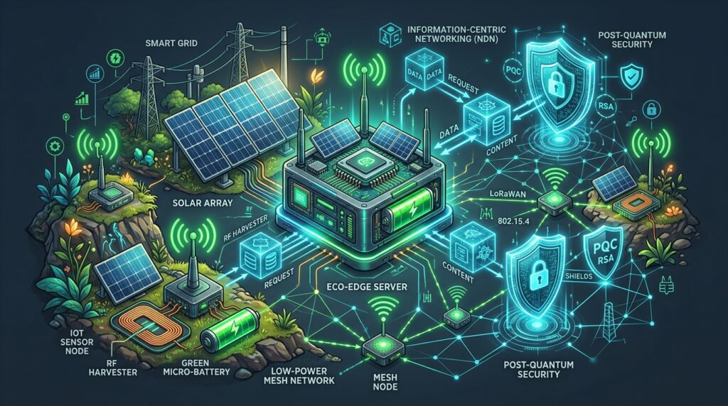 IoT Edge Computing and Green Networking Simulation in ns-3 with Energy Harvesting, NDN, and PQC