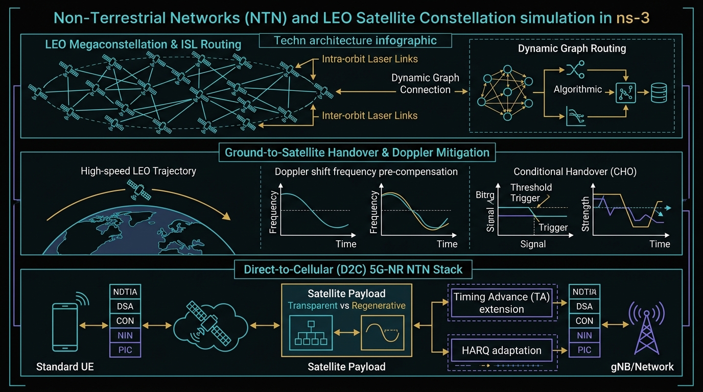 Technical architecture diagram for LEO Megaconstellation ISL routing, Doppler mitigation, and 5G-NR NTN Direct-to-Cellular in ns-3
