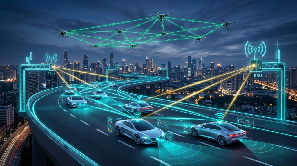 Vehicular and Autonomous Networks V2X and UAVs Simulation in ns-3 with C-V2X, FANETs, and MEC Offloading