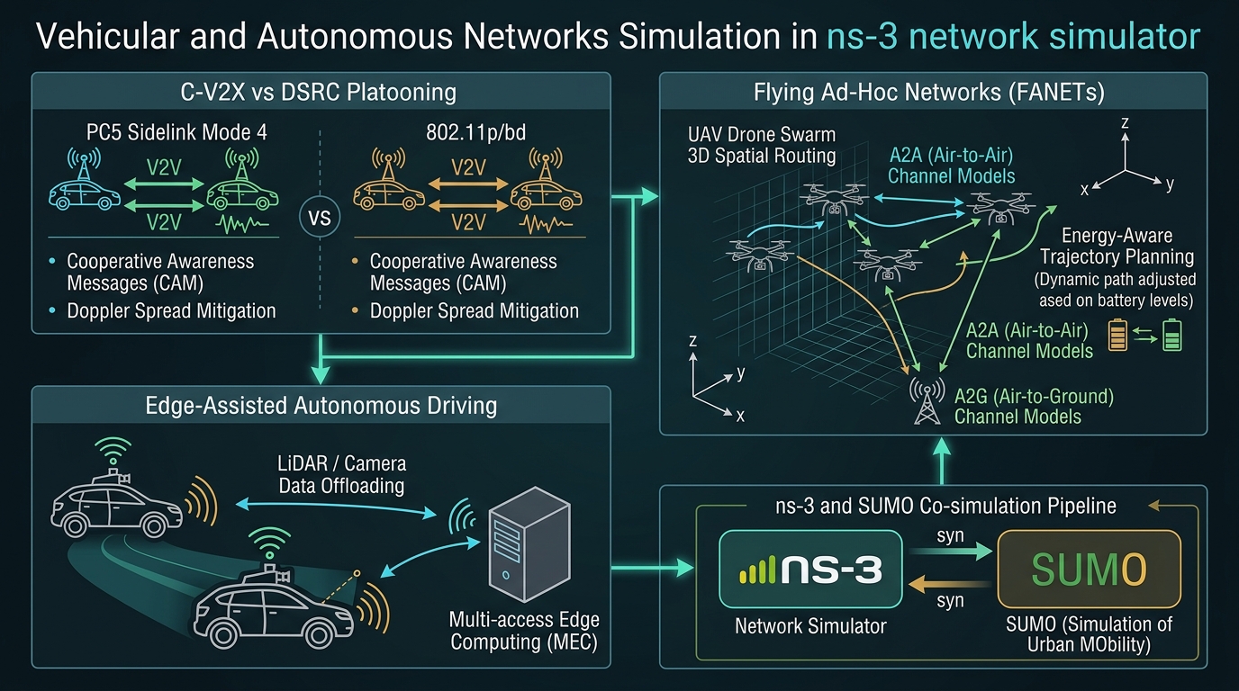 Three-tier architecture for C-V2X vs DSRC Platooning, FANET 3D Swarm Communication, and Edge-Assisted Autonomous Driving with ns-3 and SUMO