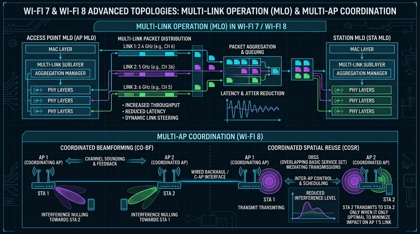 Wi-Fi 7 and Wi-Fi 8 Multi-Link Operation MLO and Multi-AP Coordinated Beamforming and Spatial Reuse Architecture Diagram
